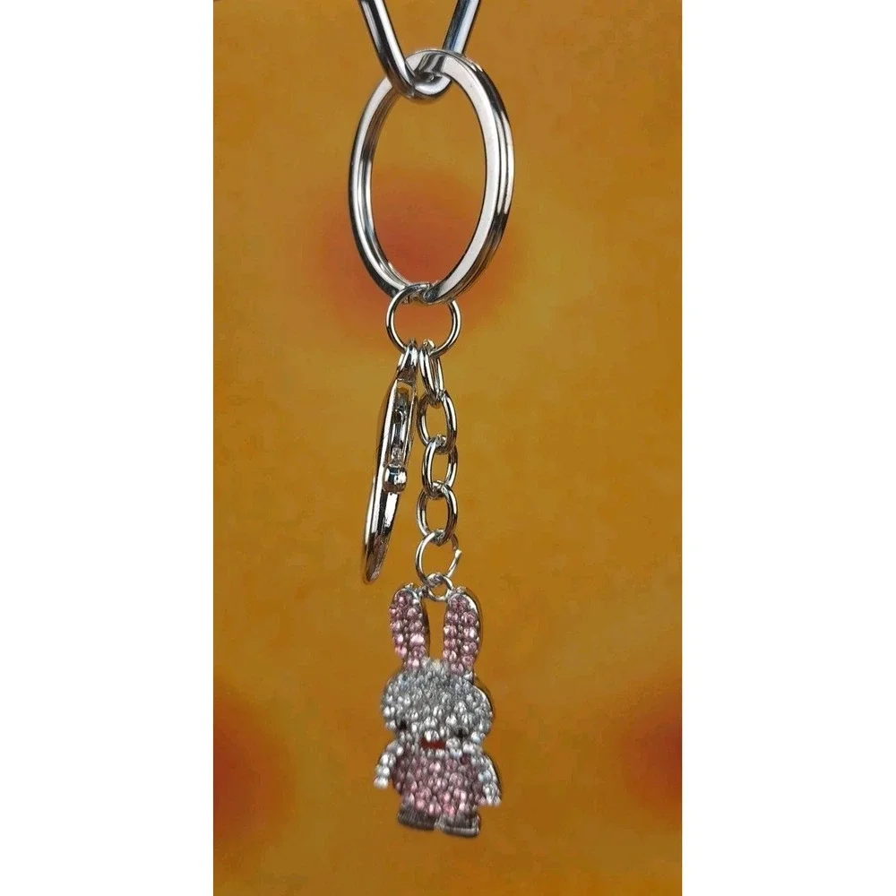Bunny Rabbit Silver Toned Pink Rhinestones Purse Charm/Keychain By Fashion Jewel